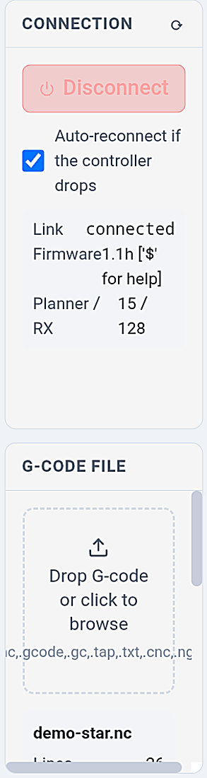 Connected to a GRBL controller — link up, firmware detected