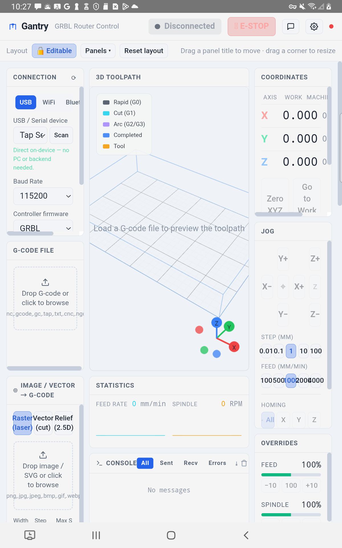 Gantry dashboard mid-job with live status
