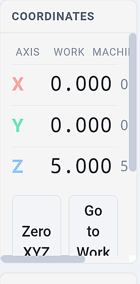 Live DRO — machine and work coordinates