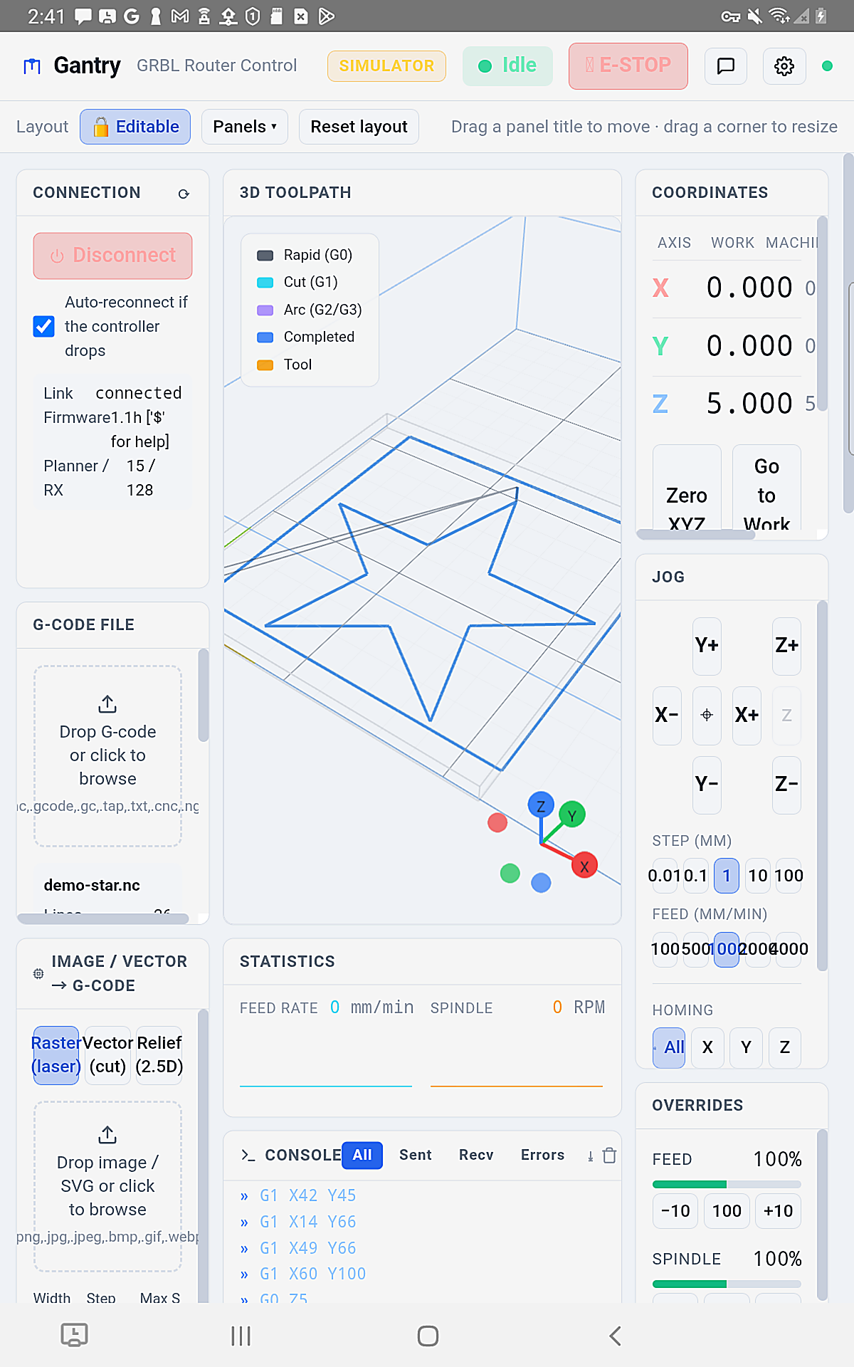 Gantry dashboard showing live DRO, jog pad and a 3D toolpath — light theme